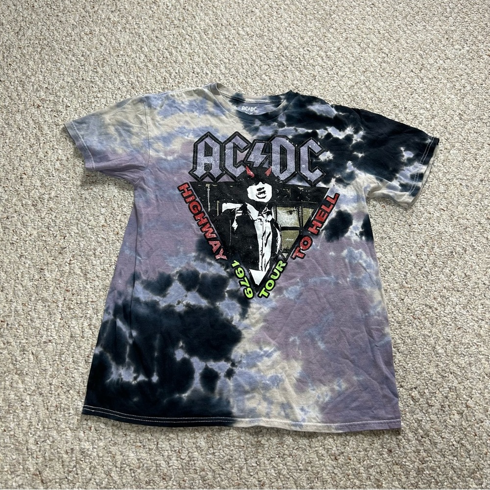 ACDC Highway To Hell Tie Dye Shirt Womens Medium Short Sleeve Vintage Wash Tee